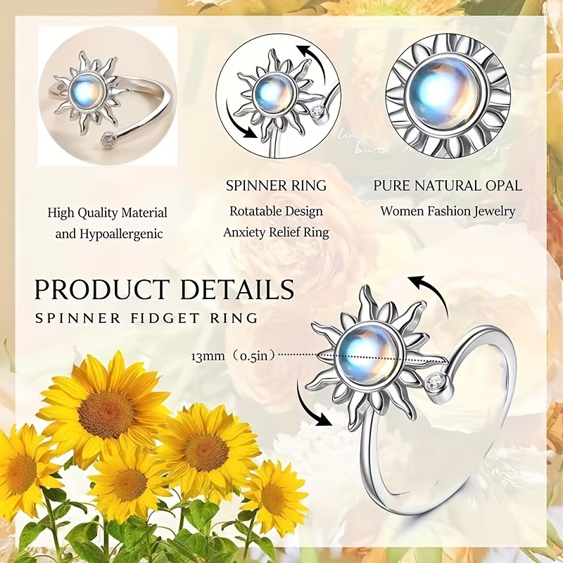 Women's Adjustable S925 Rotatable Sunflower Moonstone Ring